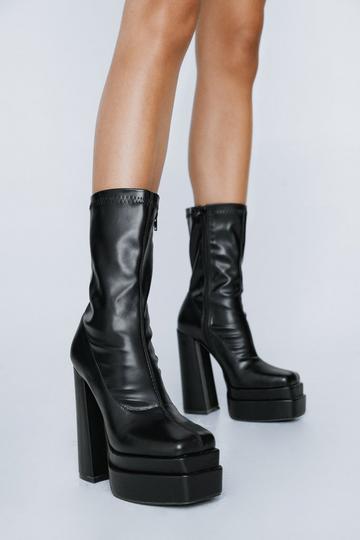 Black Faux Leather Platform Sock Boot