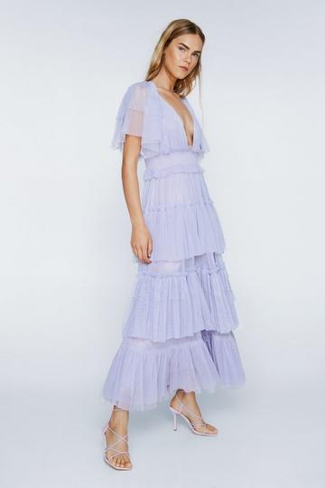 Tulle Tiered Plunge Maxi Dress lilac