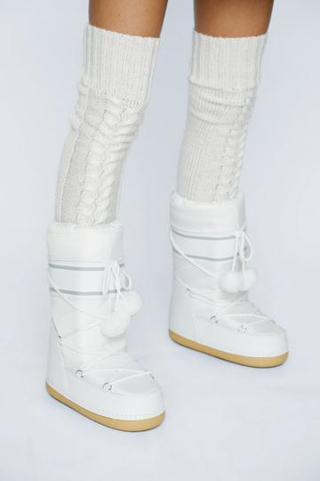 White Lace Up Pom Pom Snow Boots