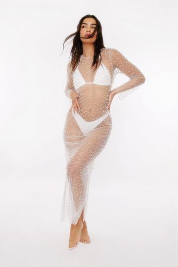 Pearl Mesh Long Sleeve Maxi Cover Up Dress white