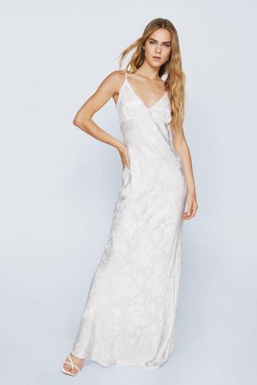 Ivory White Satin Jacquard Cami Slip Maxi Dress