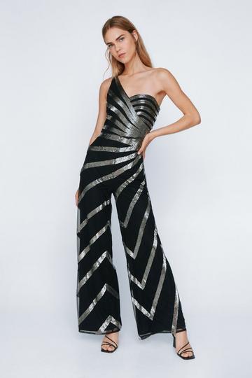 Spiral Sequin Wide Leg Jumpsuit gun metal