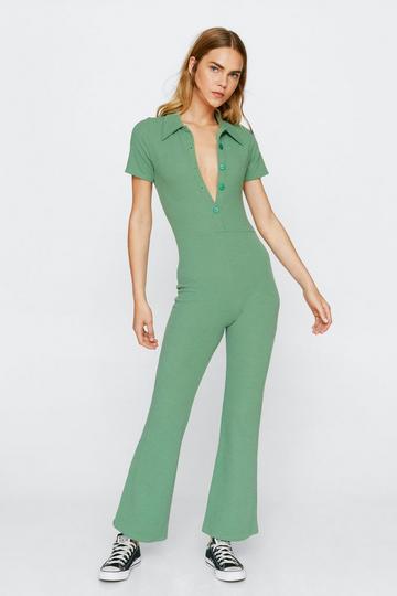 Ribbed Collar Button Up Jumpsuit sage