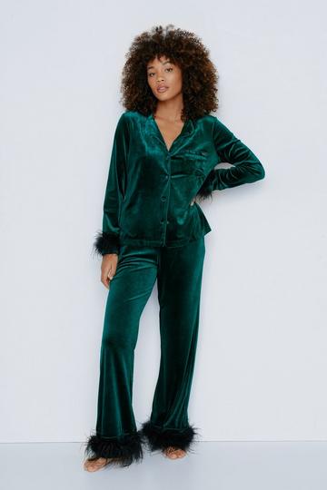 Feather Trim Velvet Pyjama Trouser Set emerald