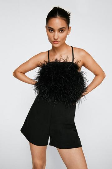 Petite Feather Detail Lace Up Romper black