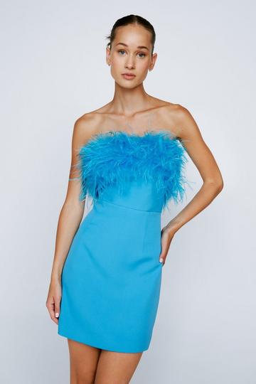 Feather Trim Bandeau Mini Dress blue