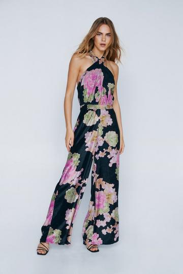 Velvet Floral Cross Halter Wide Leg Jumpsuit black