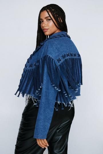 Blue Plus Size Lattice Fringe Denim Cropped Jacket