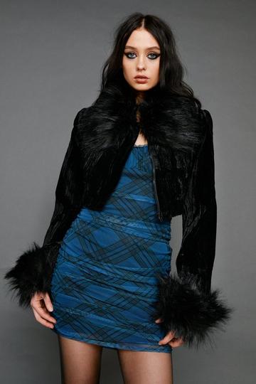 Black Faux Fur Trim Velvet Cropped Waist Jacket