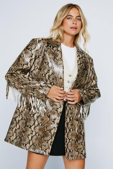 Brown Snake Faux Leather Fringed Longline Blazer