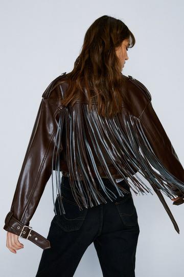 Brown Faux Leather Fringed Back Moto Jacket