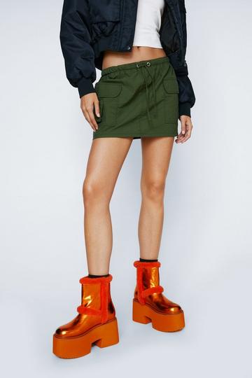 Flatform Crinkle Faux Sheep Skin Boot orange
