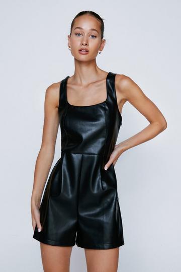 Faux Leather Square Neck Playsuit black