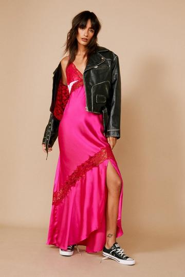 Contrast Lace Trim Satin Maxi Slip Dress pink