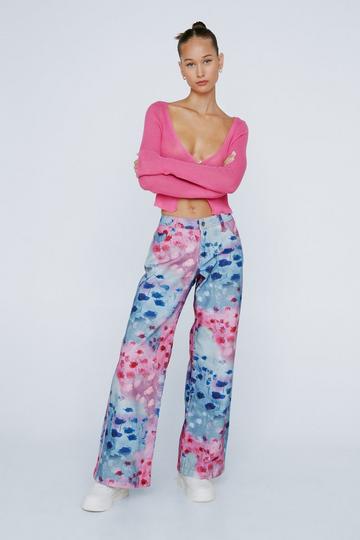 Petite Floral Print Wide Leg Denim Jeans pink