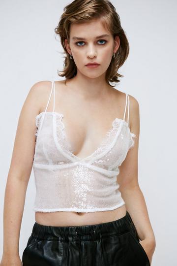 Lace Trim Sequin Cami Top ivory