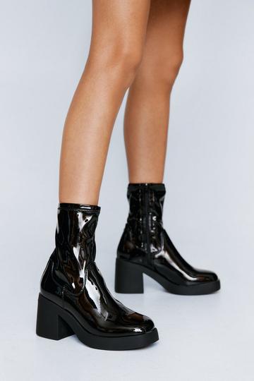 Black Faux Patent Leather Platform Ankle Boots