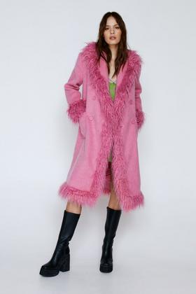 River Island Pink Faux Fur Detail Longline Coat