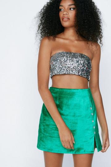 Diamante Button Velvet Mini Pelmet Skirt green