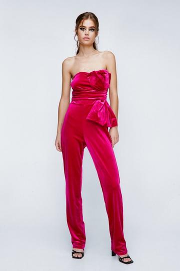 Velvet Bow Bandeau Jumpsuit hot pink