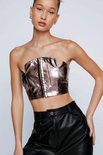 Silver Faux Leather Hook And Eye Bandeau Top
