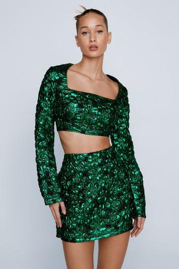 Floral Jacquard Tailored Cropped Jacket green
