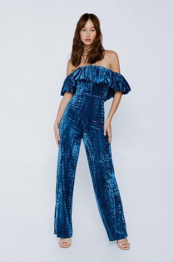 Structured Velvet Frill Bardot Jumpsuit peacock blue