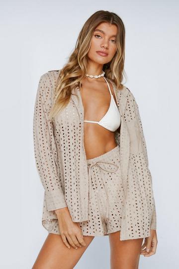 Broderie Oversized Boyfriend Cover Up Shirt stone