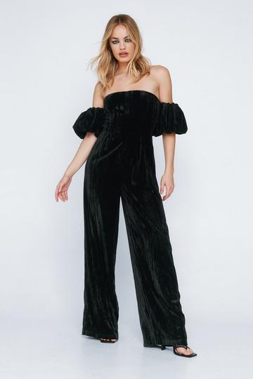 Black Velvet Ruched Sleeve Jumpsuit