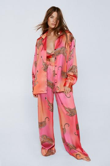 Pink Satin Leopard 3pc Shirt Bralette & Pants Pajama Set