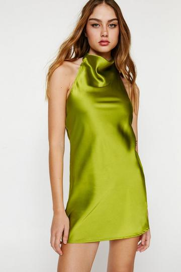 Petite Satin Cowl Halter Neck Mini Dress chartreuse