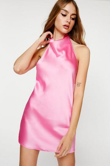 Petite Satin Cowl Halter Neck Mini Dress pink