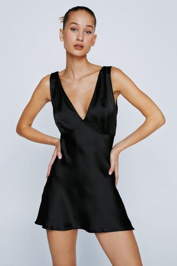 Black Petite Satin V Neck Mini Dress