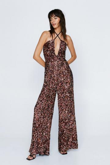 Clustered Bronze Sequin Halter Neck Jumpsuit bronze