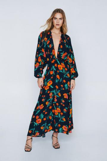 Poppy Floral Print Batwing Maxi Dress black
