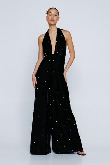 Petite Diamante Velvet Halter Jumpsuit black