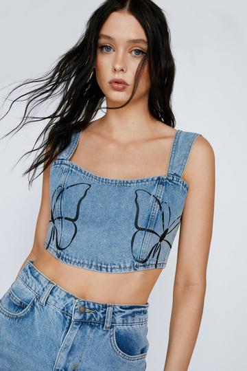 Blue Printed Butterfly Placement Denim Corset Top