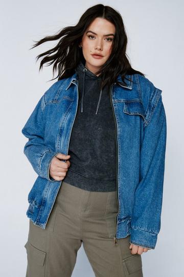 Plus Size 2 In 1 Detachable Sleeve Denim Jacket mid blue