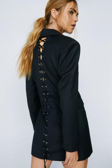 Navy Premium Lace Up Detail Pinstripe Blazer Dress