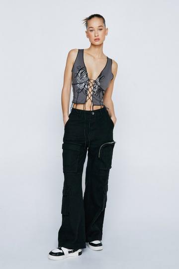 Petite Washed Puddle Dual Hem Multi Pocket Wide Leg Cargo washed black