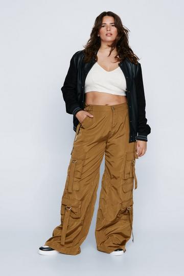 Plus Size Nylon Wide Leg Straight Pocket Cargo Pants khaki