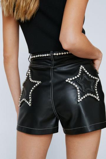 Black Premium Faux Leather Diamante Star Detail Shorts