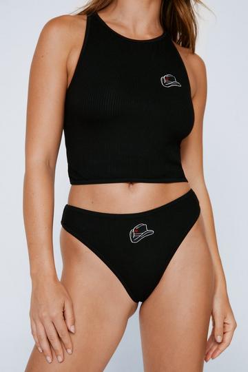 Jersey Rib Cowboy Hat Racer Crop And Thong Set black
