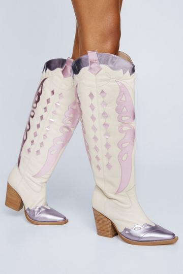 Leather Metallic Butterfly Knee High Western Boot cream