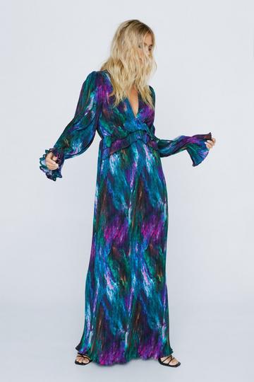 Marble Print Pleated Maxi Plunge Dress green