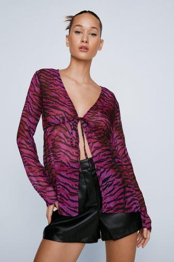 Animal Print Tie Front Blouse purple