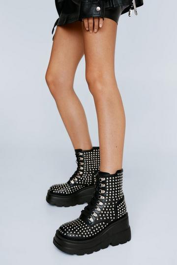 Black Faux Leather All Over Stud Platform Lace Up Boot