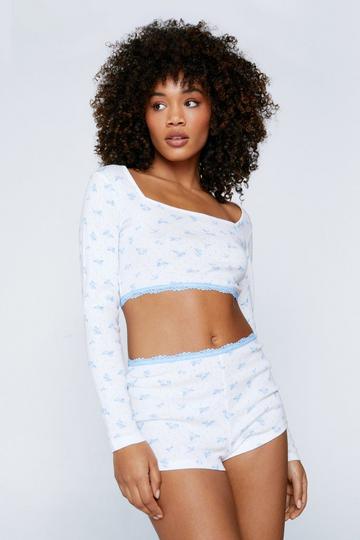 Floral Print Pointelle Lace Trim Crop & Shorts Pajama Set blue