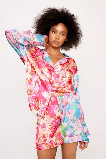 Pink Satin Floral Print Colorblock Pajama Shorts Set