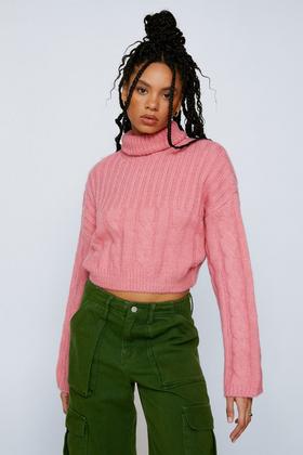 Bright Pink Cropped Cable Knit Brushed Sweater